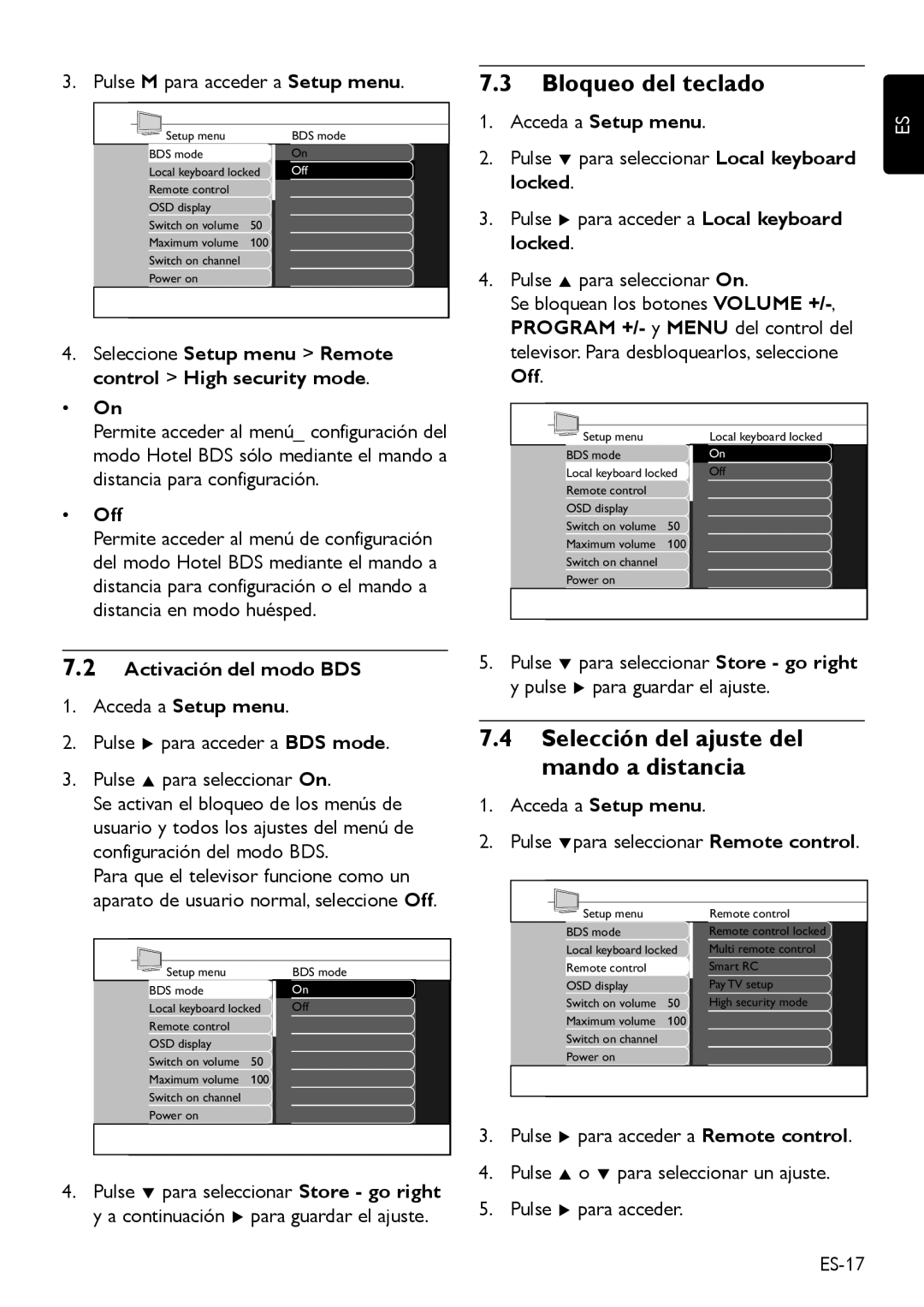 Philips DFU-DEC2008 Bloqueo del teclado, Selección del ajuste del mando a distancia, Pulse M para acceder a Setup menu 