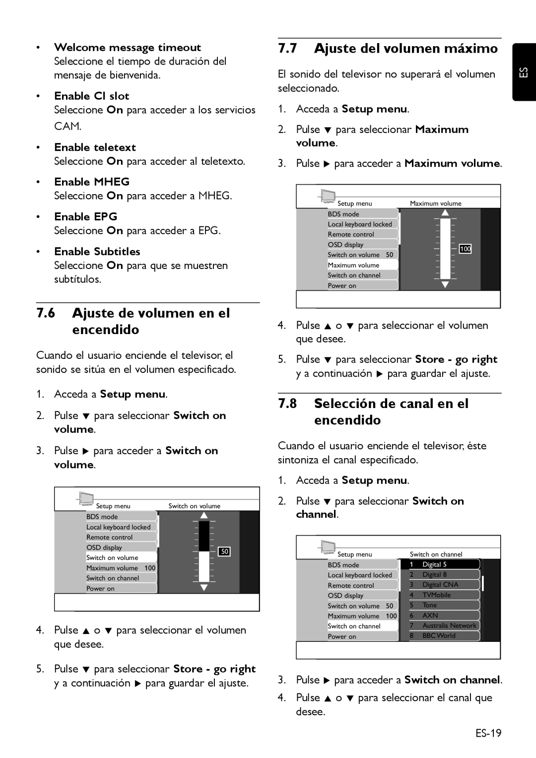 Philips DFU-DEC2008 manual Ajuste del volumen máximo, Ajuste de volumen en el encendido, Selección de canal en el encendido 