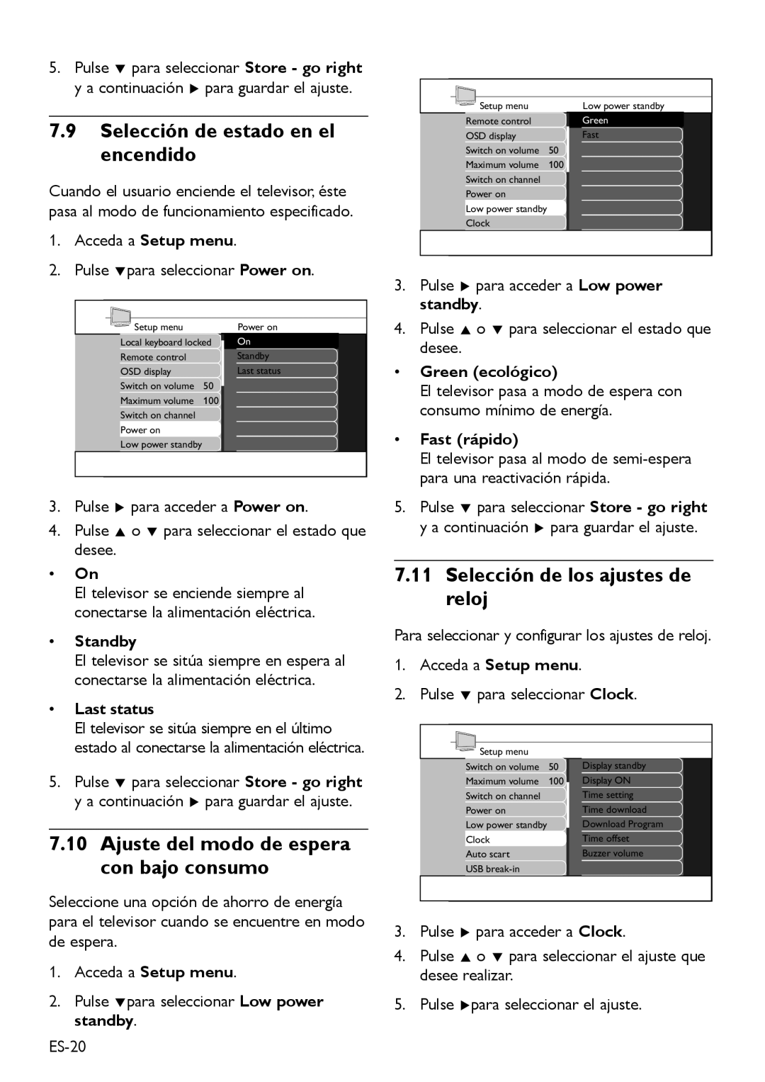 Philips DFU-DEC2008 manual Selección de estado en el encendido, Ajuste del modo de espera con bajo consumo 