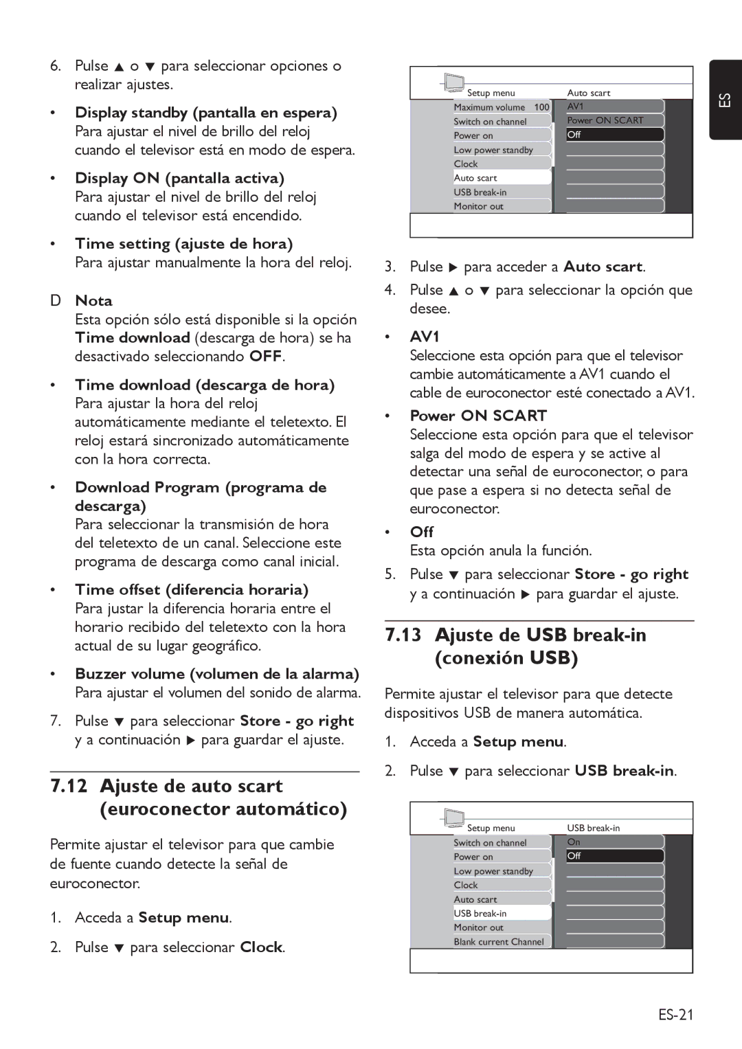 Philips DFU-DEC2008 manual Ajuste de USB break-in, Conexión USB, Ajuste de auto scart, Euroconector automático, AV1 