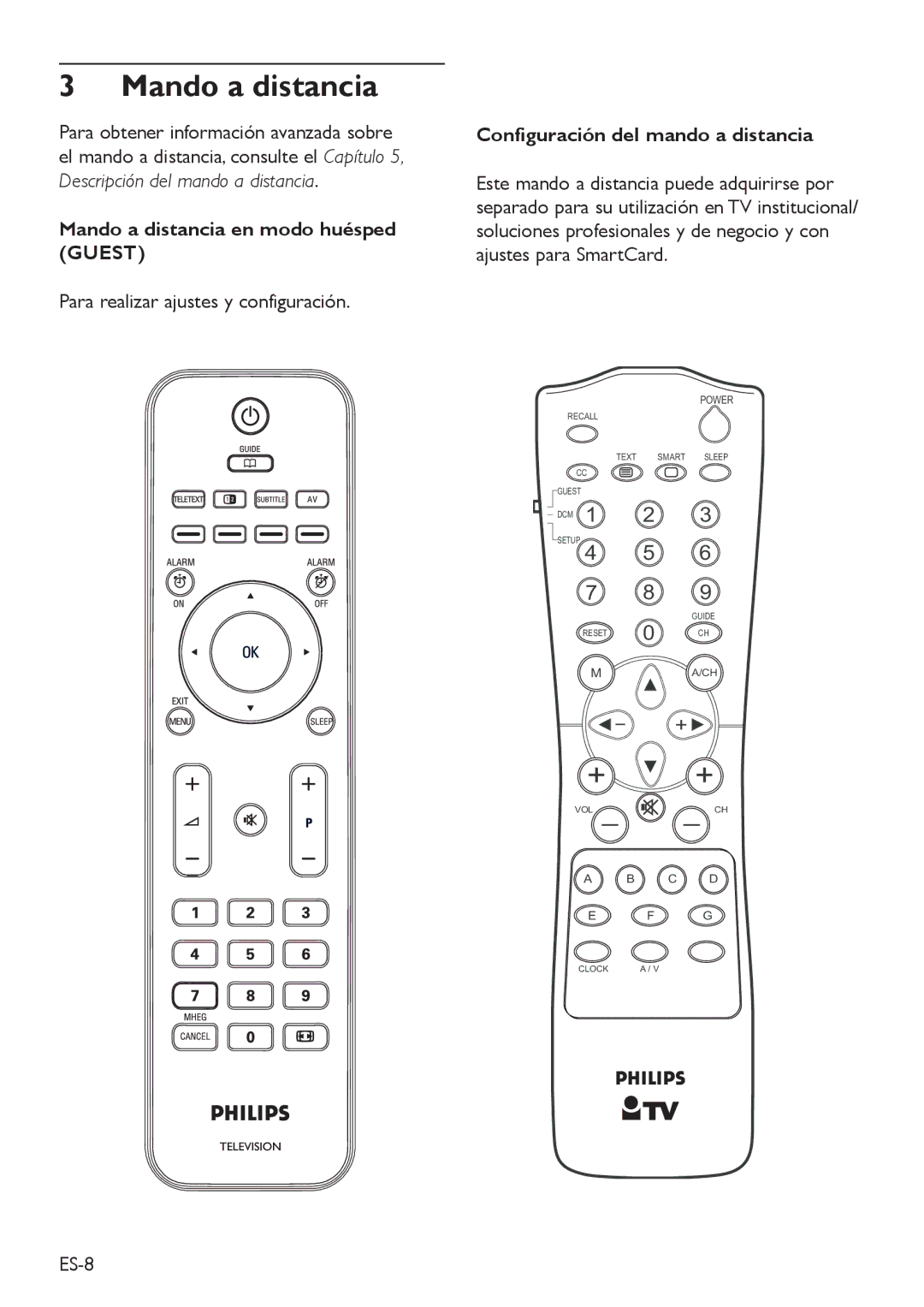 Philips DFU-DEC2008 manual Mando a distancia en modo huésped Guest, Para realizar ajustes y configuración, ES-8 