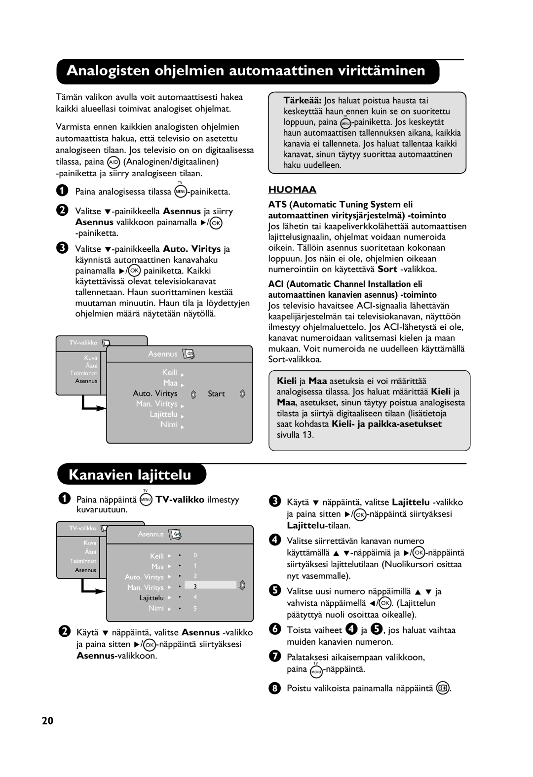 Philips Digital TV manual Analogisten ohjelmien automaattinen virittäminen, Kanavien lajittelu 