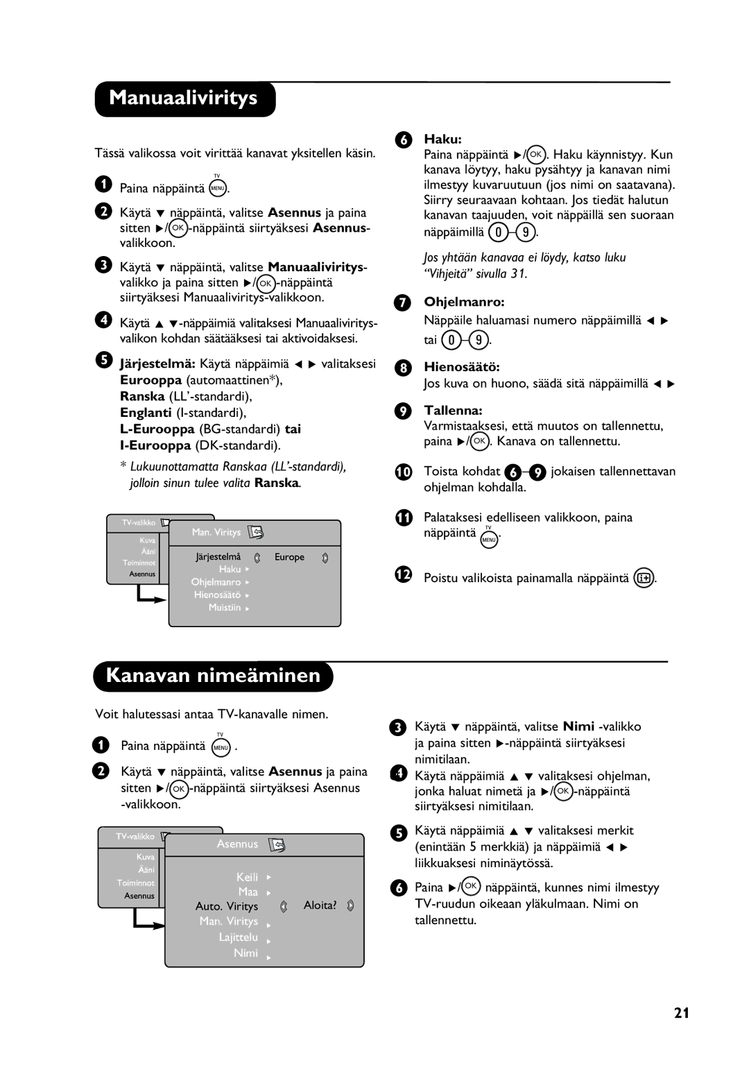 Philips Digital TV manual Manuaaliviritys, Kanavan nimeäminen 