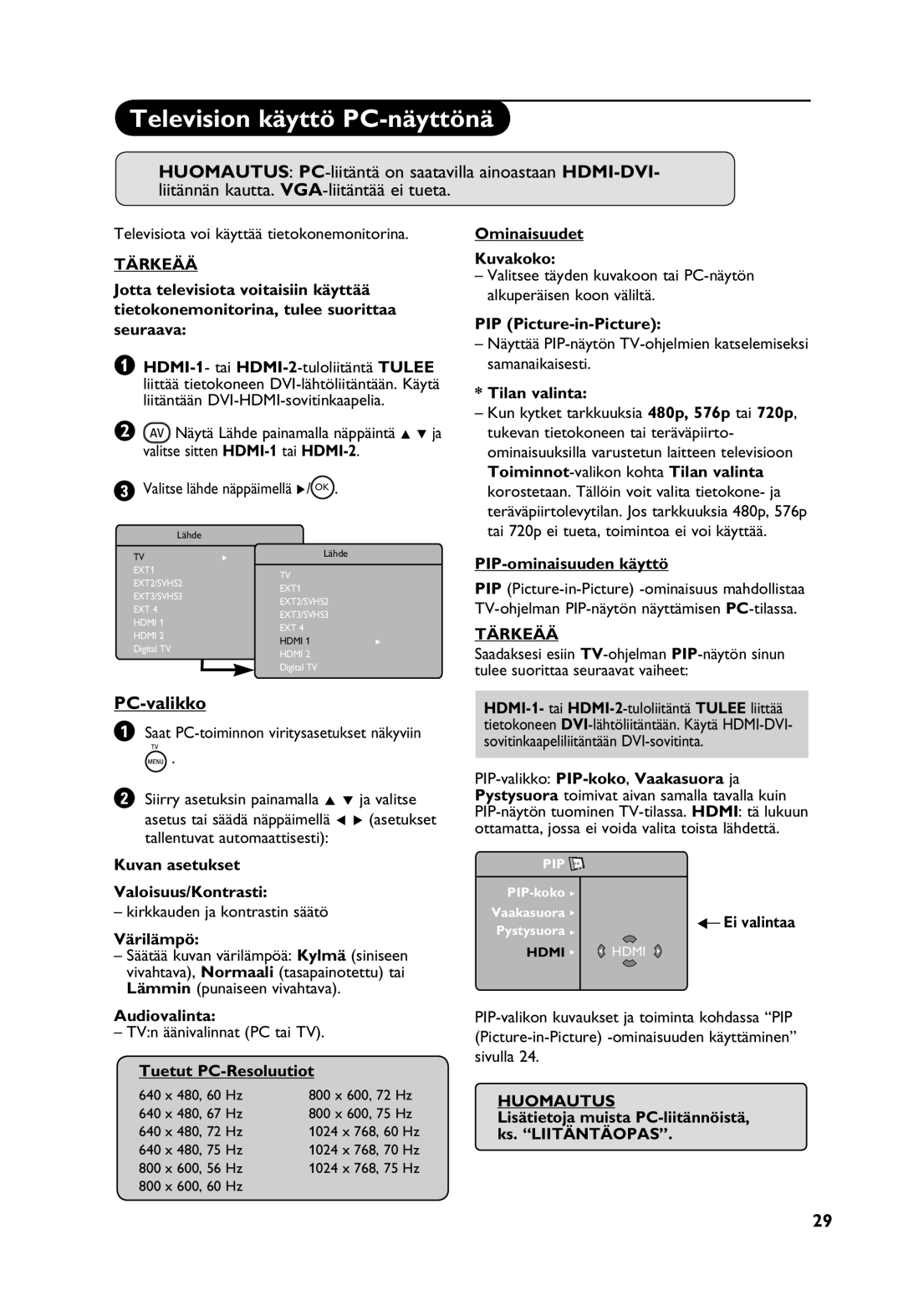 Philips Digital TV manual Television käyttö PC-näyttönä, PC-valikko 