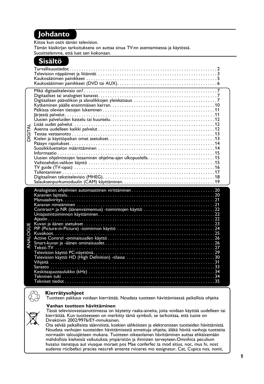 Philips Digital TV manual Johdanto, Sisältö, Kierrätysohjeet, Vanhan tuotteen hävittäminen 