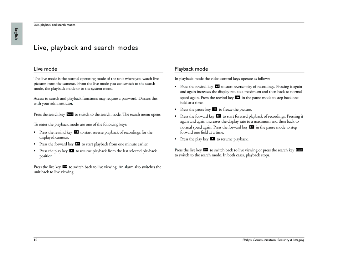 Philips Digital versatile recorder operation manual Live, playback and search modes, Live mode, Playback mode 