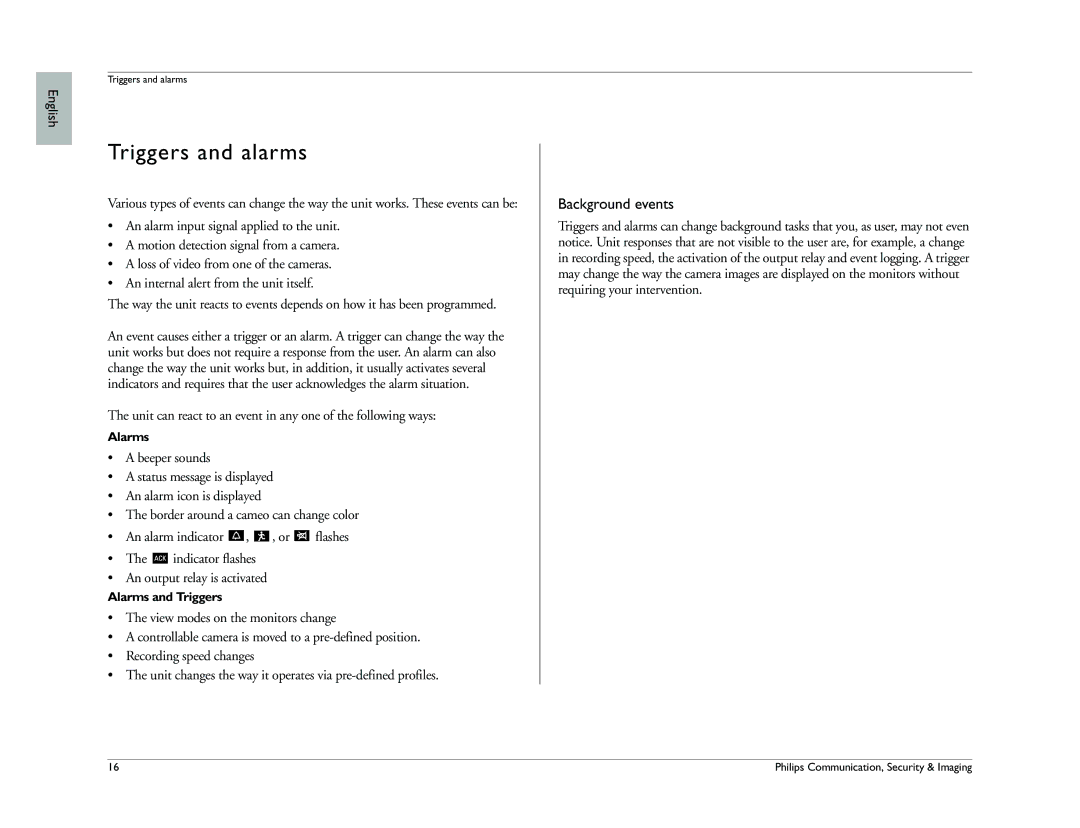 Philips Digital versatile recorder operation manual Triggers and alarms, Background events 