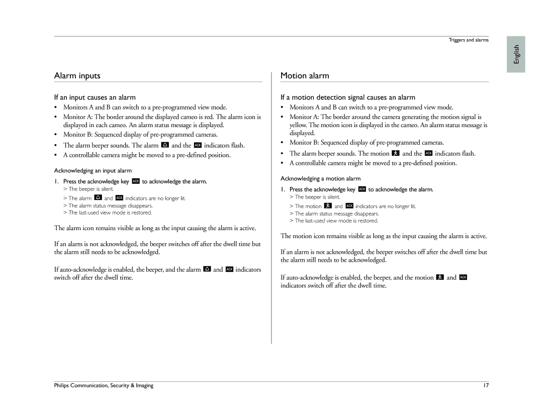 Philips Digital versatile recorder operation manual Alarm inputs, Motion alarm, If an input causes an alarm 