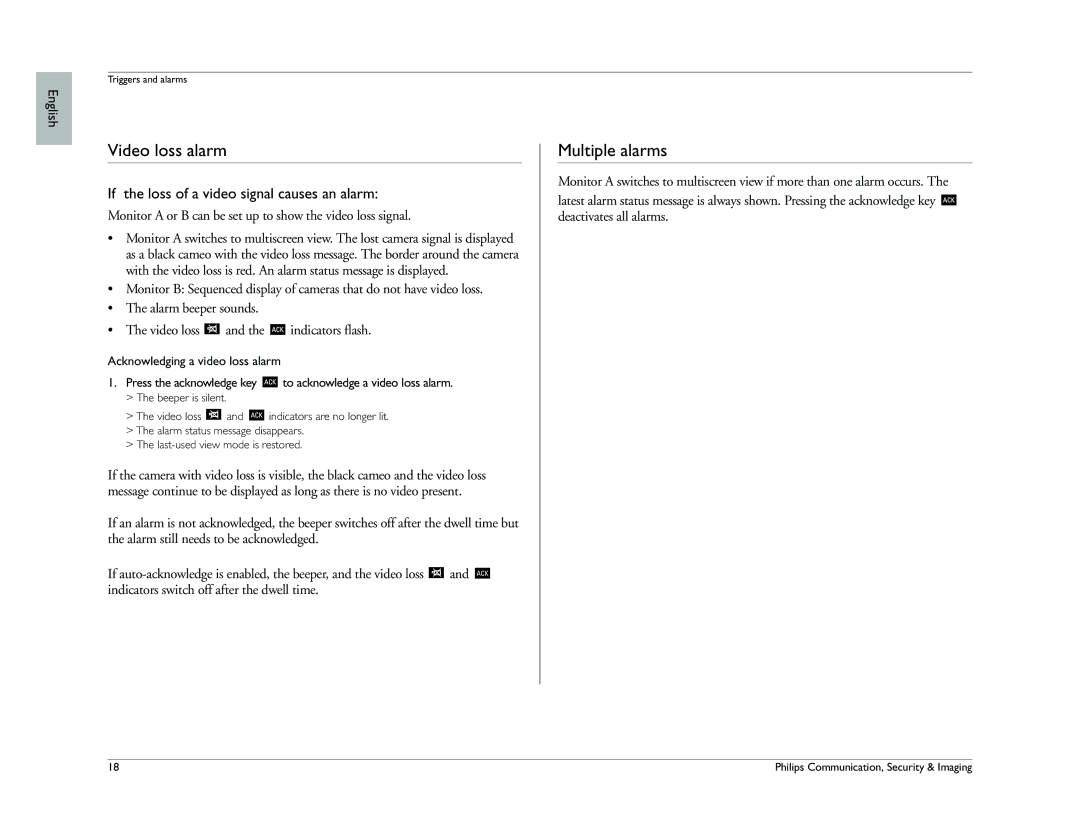 Philips Digital versatile recorder Video loss alarm, Multiple alarms, If the loss of a video signal causes an alarm 