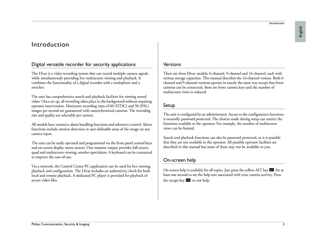 Philips Introduction, Digital versatile recorder for security applications, Versions, Setup, On-screen help 