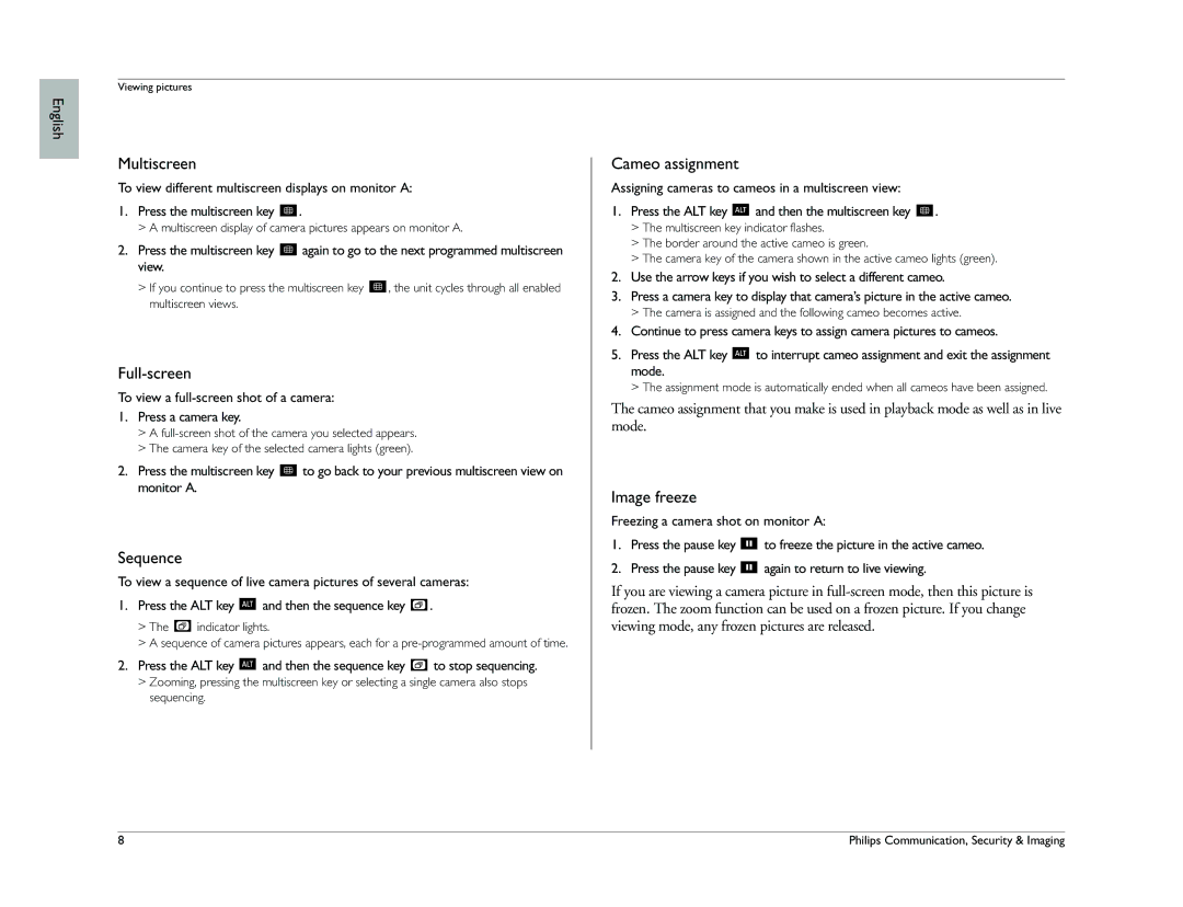 Philips Digital versatile recorder operation manual Multiscreen, Full-screen, Sequence, Cameo assignment, Image freeze 