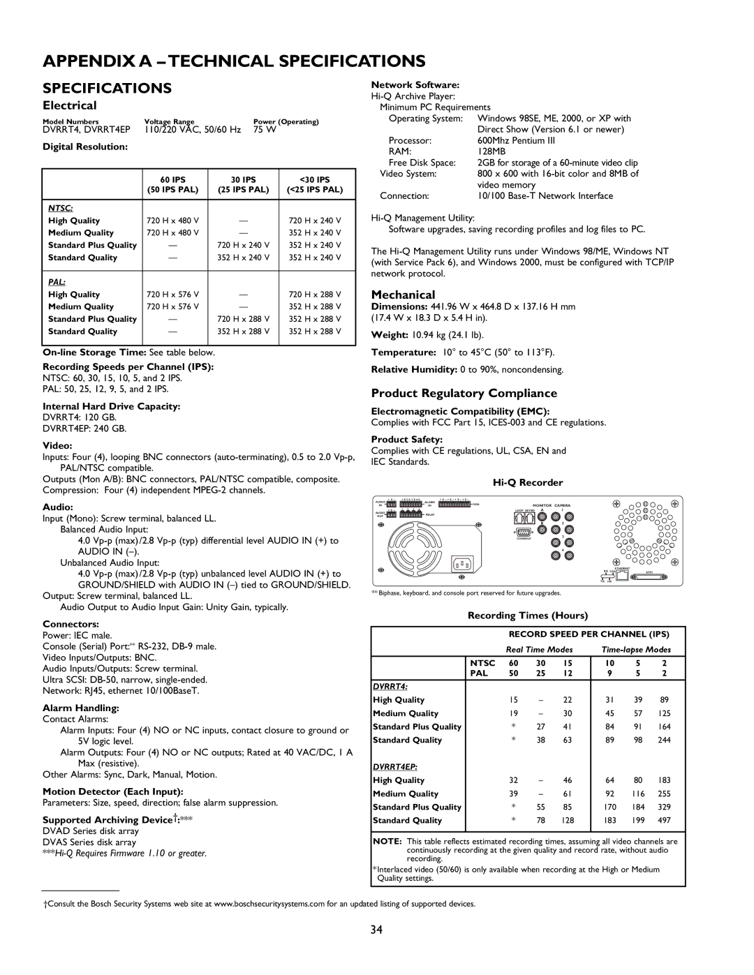 Philips Digital Video Recorders Appendix a Technical Specifications, Electrical, Mechanical, Product Regulatory Compliance 