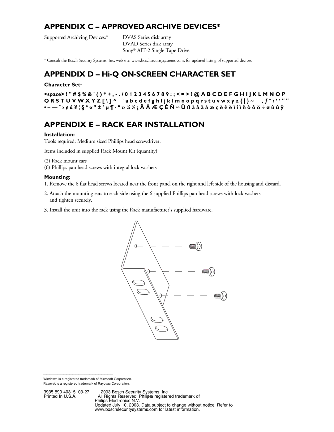 Philips Digital Video Recorders Appendix C Approved Archive Devices, Appendix E Rack EAR Installation, Mounting 