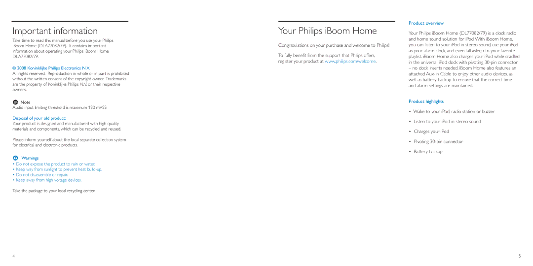 Philips DLA77082/79 manual Important information, Your Philips iBoom Home, Product overview, Product highlights 