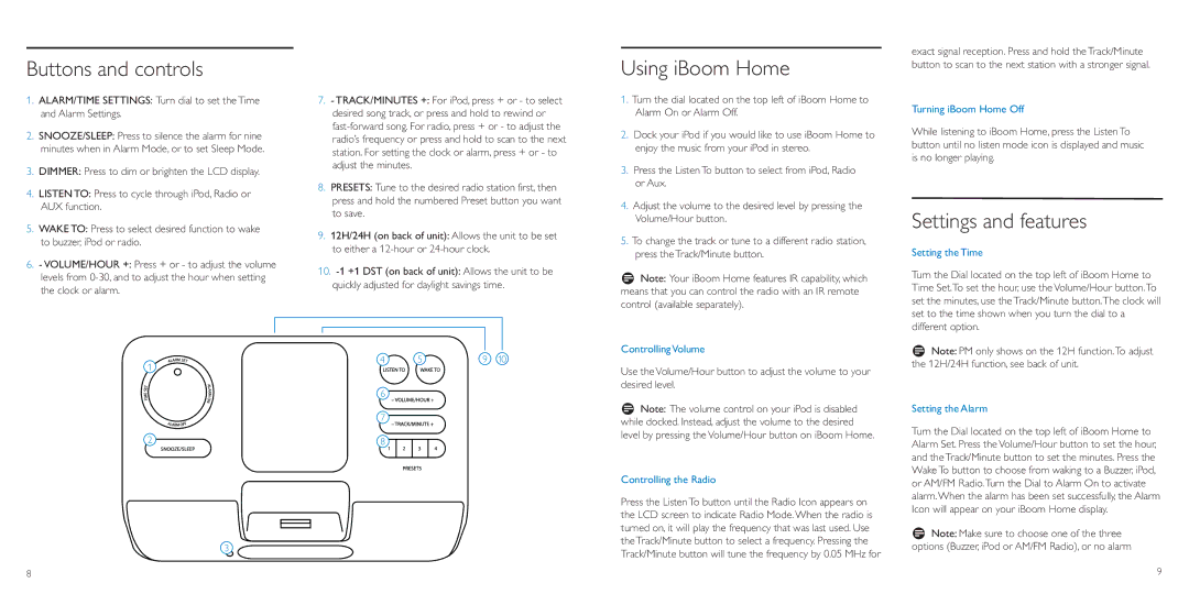 Philips DLA77082/79 manual Buttons and controls, Using iBoom Home, Settings and features 