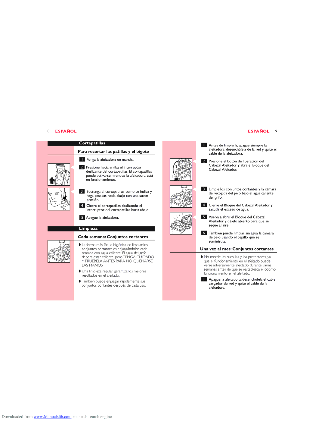 Philips Dlnzw manual Cortapatillas, Para recortar las patillas y el bigote, Limpieza, Cada semana Conjuntos cortantes 