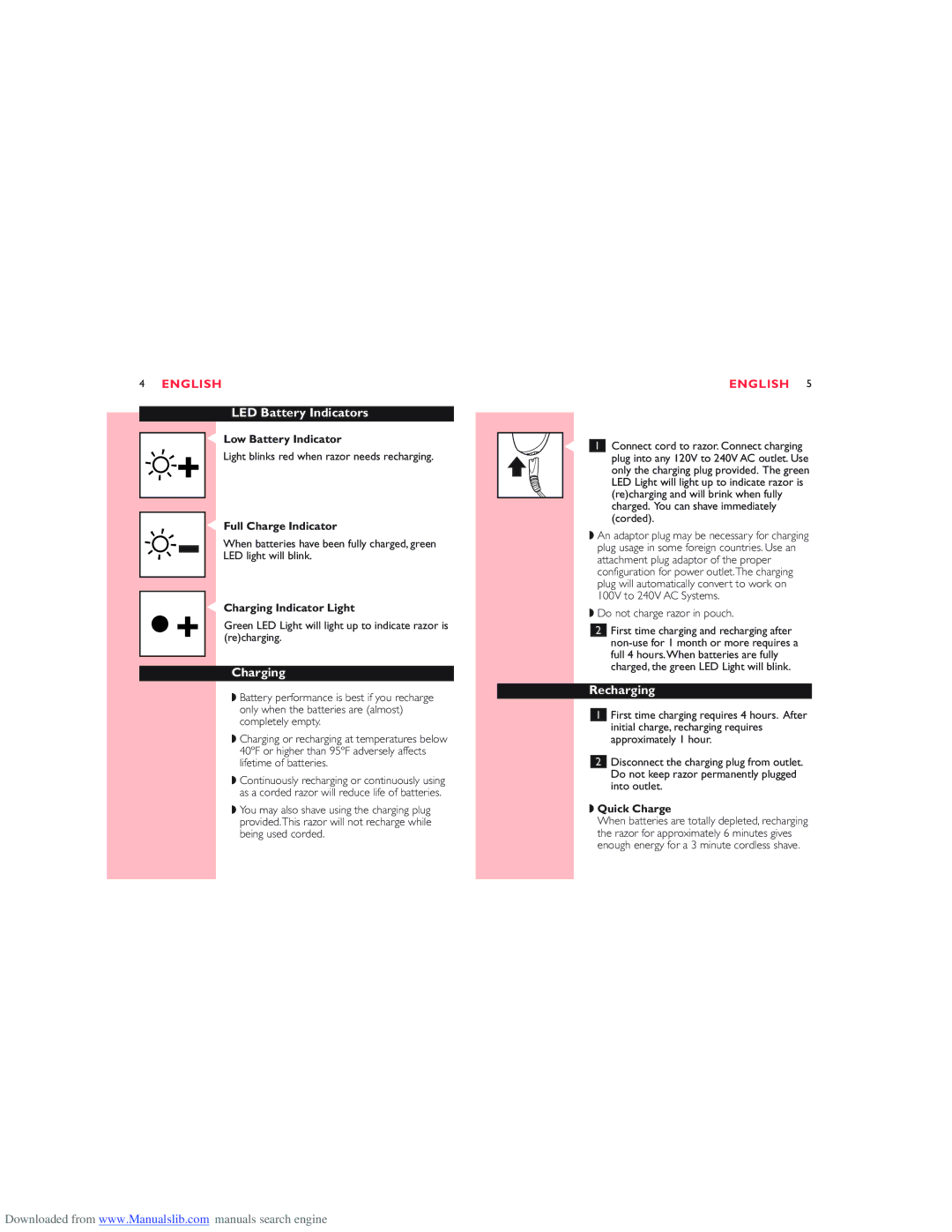 Philips Dlnzw manual LED Battery Indicators, Charging, Recharging, Do not charge razor in pouch 