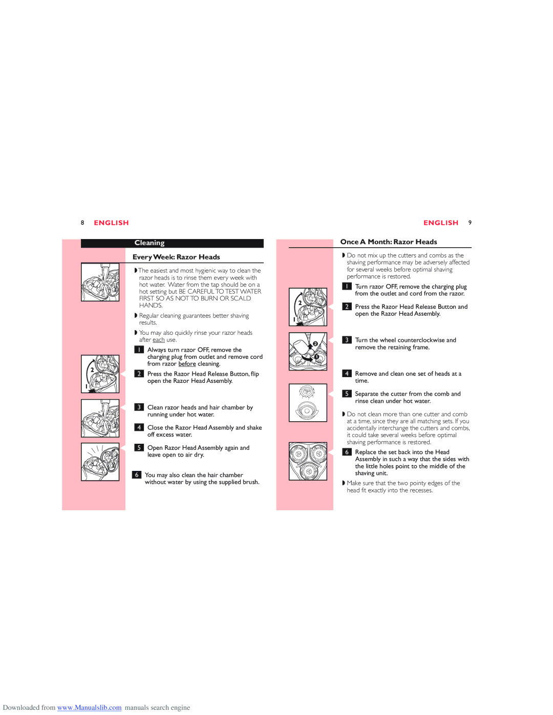 Philips Dlnzw manual Cleaning, Once a Month Razor Heads Every Week Razor Heads, From razor before cleaning 