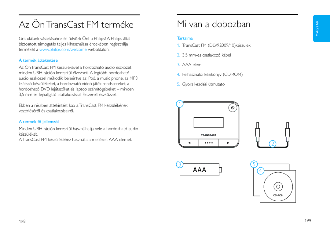 Philips DLV92009/10 Az Ön TransCast FM terméke, Mi van a dobozban, Termék áttekintése, Termék fő jellemzői, Tartalma 