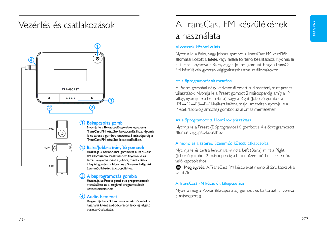 Philips DLV92009/10 user manual Vezérlés és csatlakozások, TransCast FM készülékének a használata 