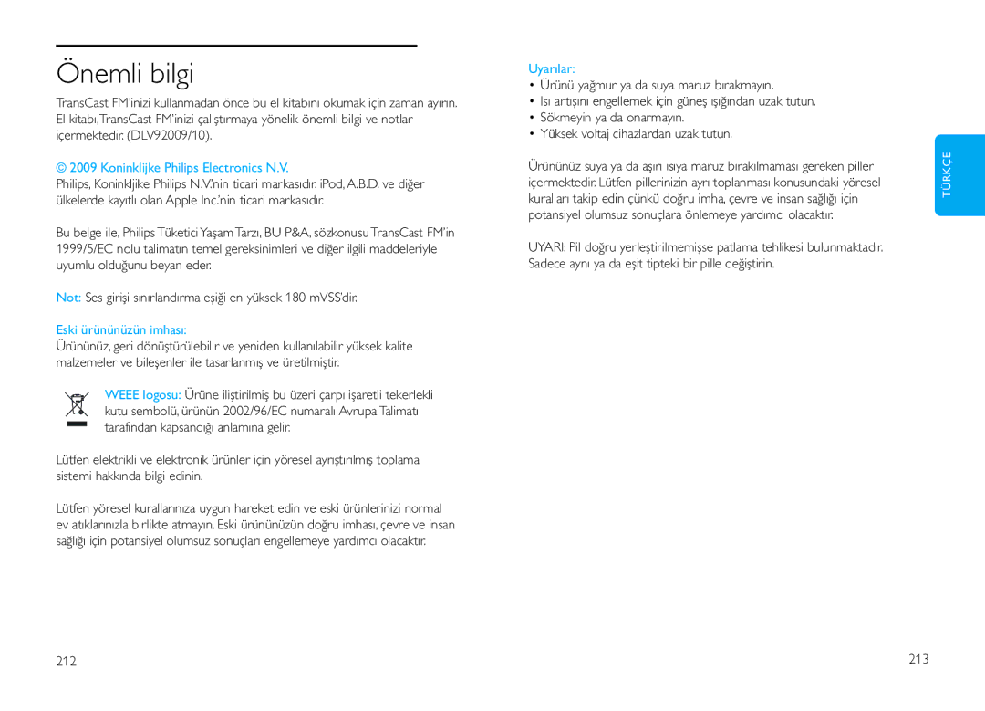 Philips DLV92009/10 user manual Önemli bilgi, Uyarılar, 212 213 