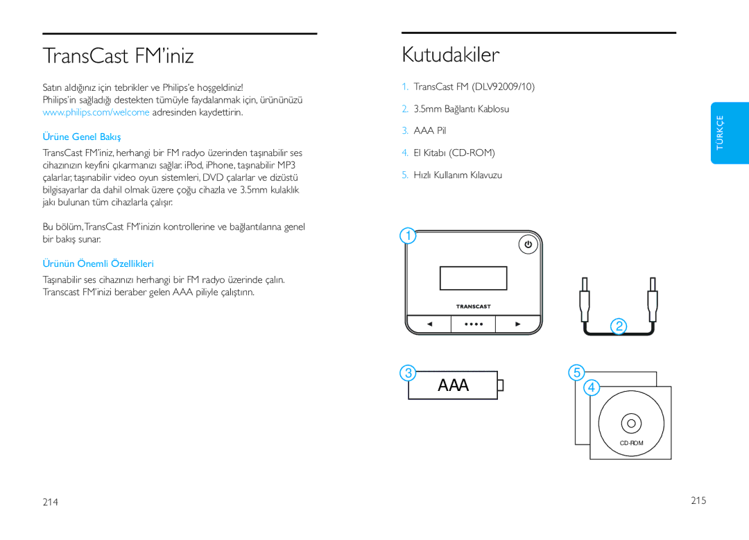 Philips DLV92009/10 user manual TransCast FM’iniz, Kutudakiler, Ürüne Genel Bakıș, Ürünün Önemli Özellikleri 