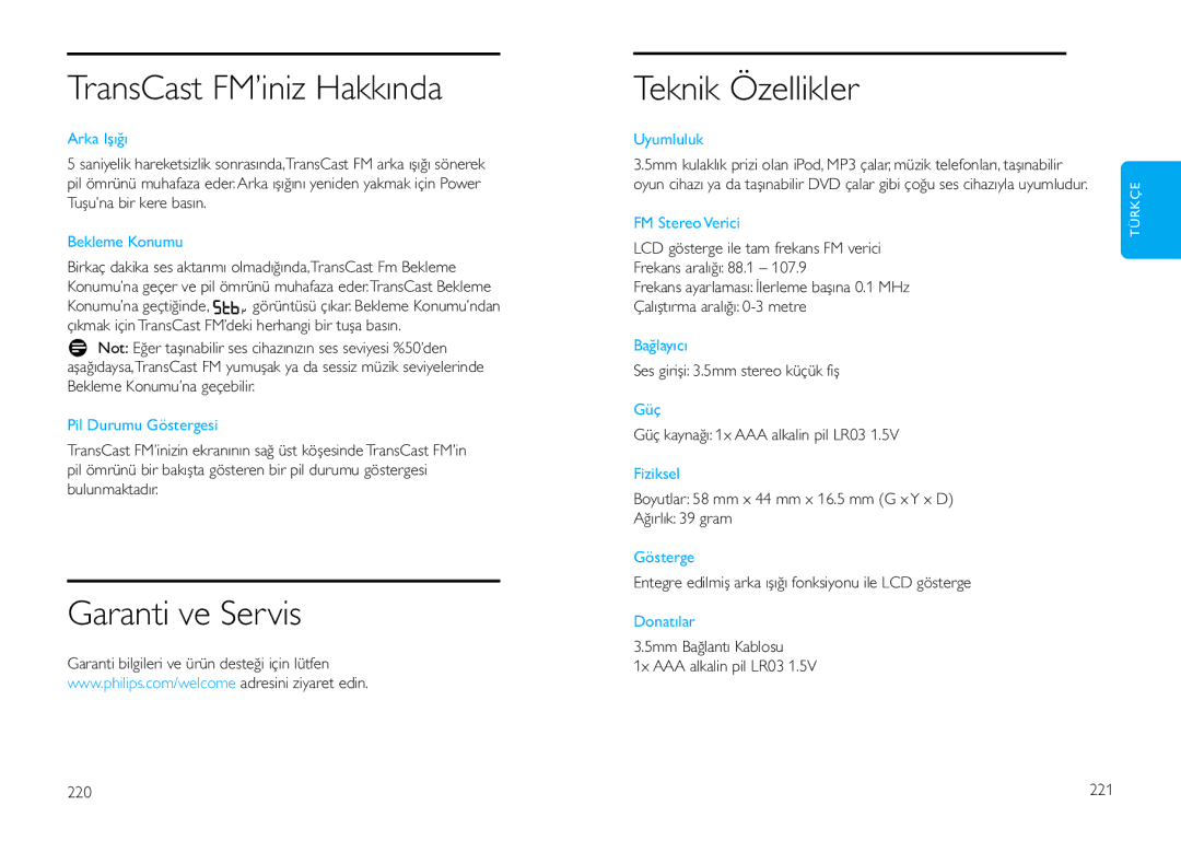 Philips DLV92009/10 user manual TransCast FM’iniz Hakkında, Garanti ve Servis, Teknik Özellikler 