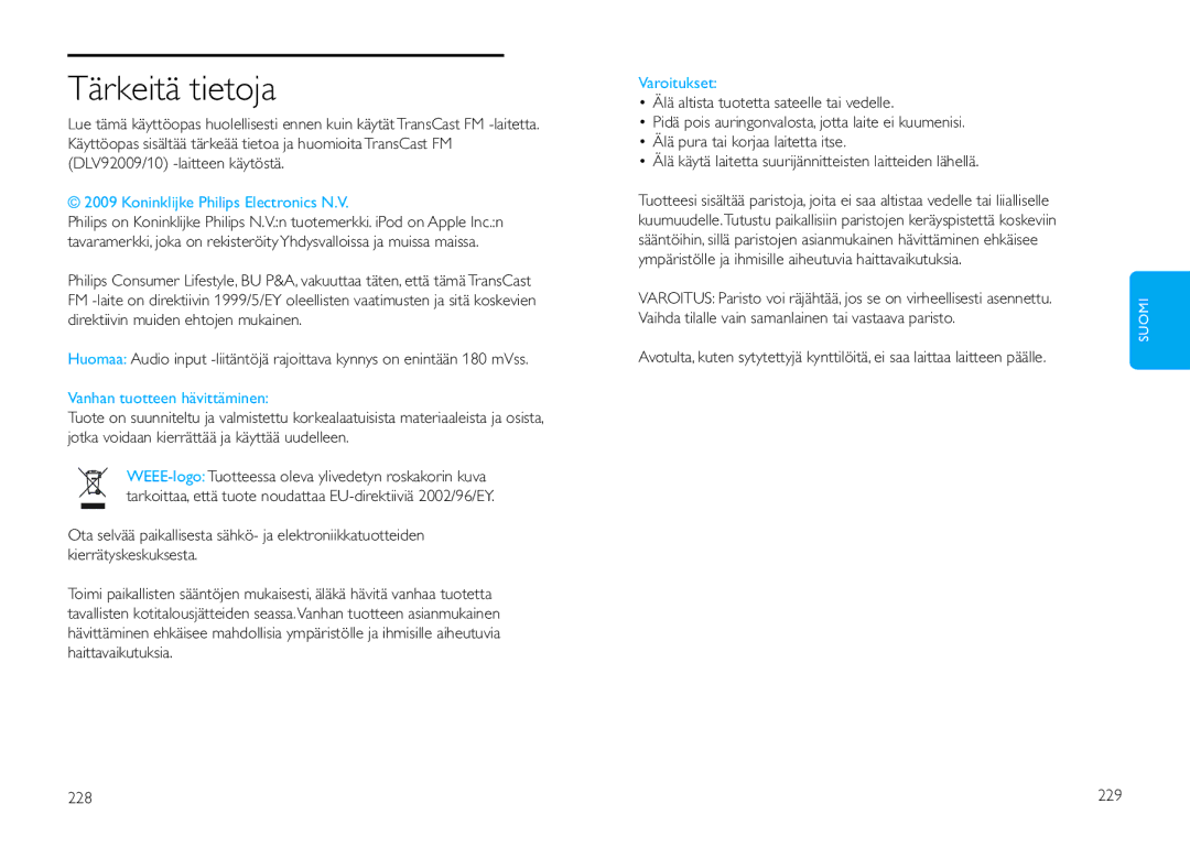 Philips DLV92009/10 user manual Tärkeitä tietoja, Varoitukset, 228 229 