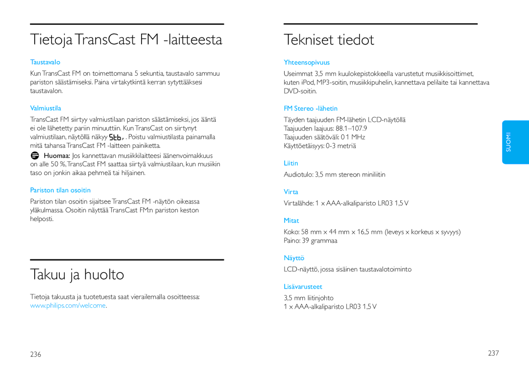 Philips DLV92009/10 user manual Tietoja TransCast FM -laitteesta, Takuu ja huolto, Tekniset tiedot 