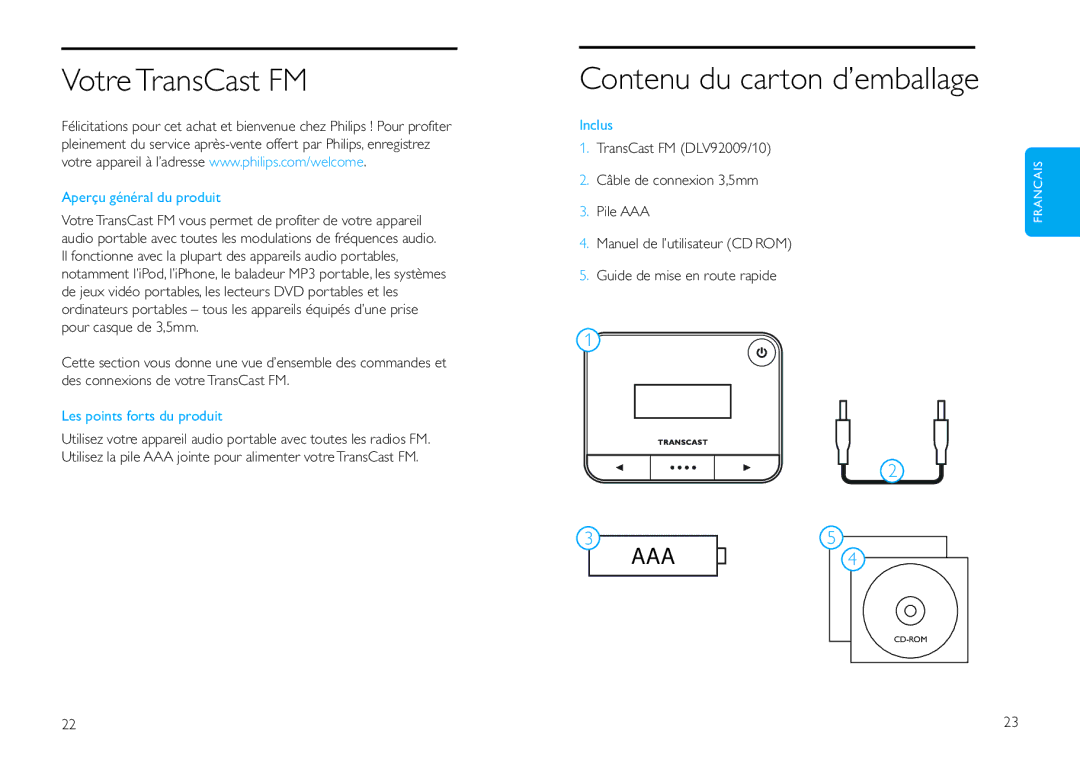 Philips DLV92009/10 user manual VotreTransCast FM, Contenu du carton d’emballage, Aperçu général du produit, Inclus 