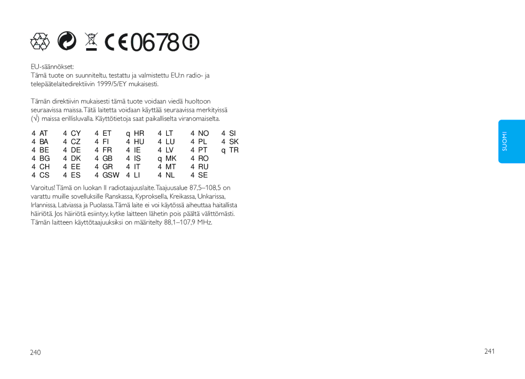 Philips DLV92009/10 user manual Taajuusalue 87,5-108,5 on, Kytke, 240 241 