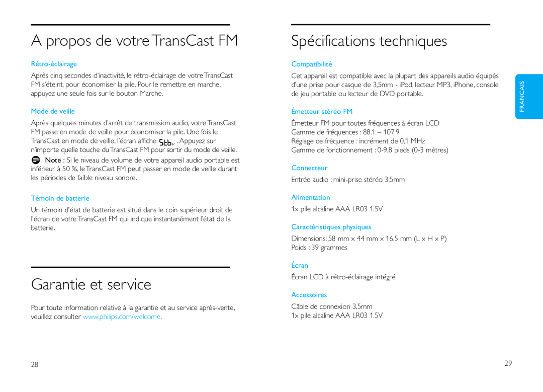 Philips DLV92009/10 user manual Propos de votre TransCast FM, Garantie et service Spécifications techniques 