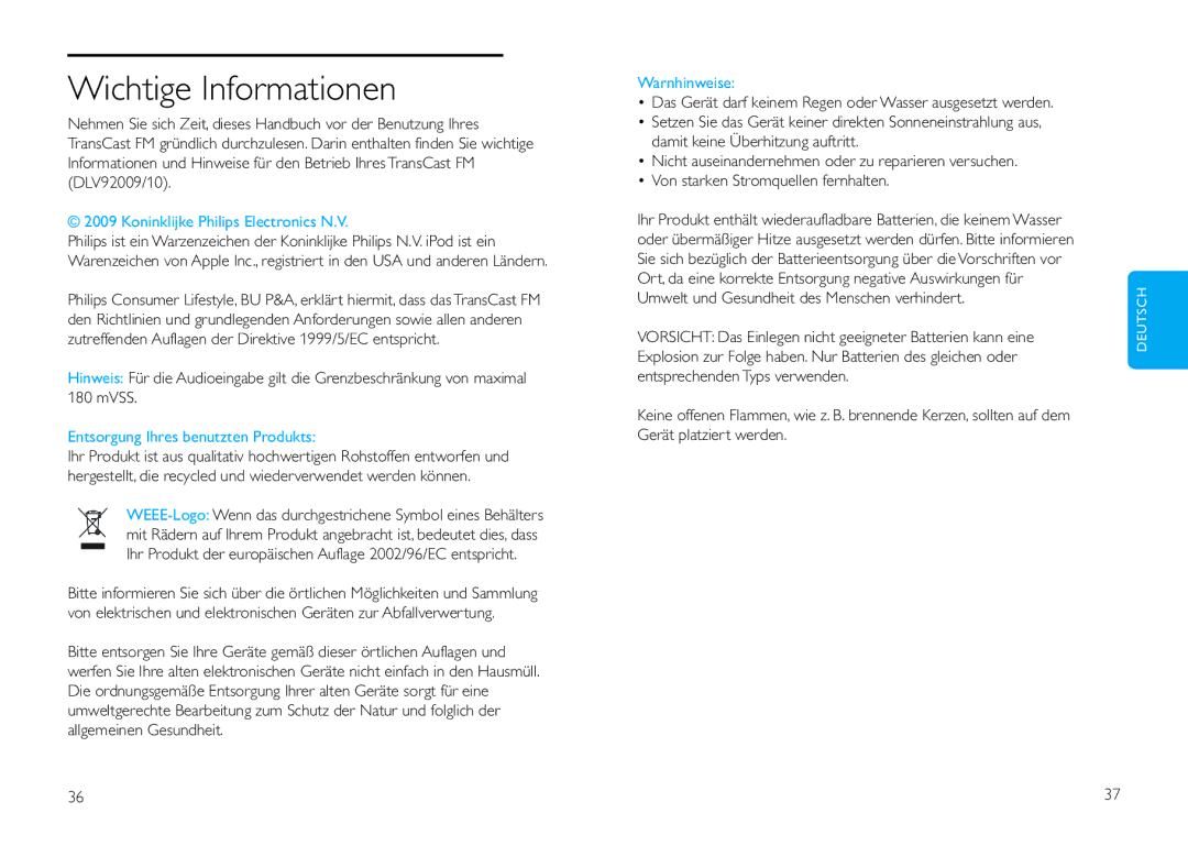 Philips DLV92009/10 user manual Wichtige Informationen, Entsorgung Ihres benutzten Produkts, Warnhinweise 