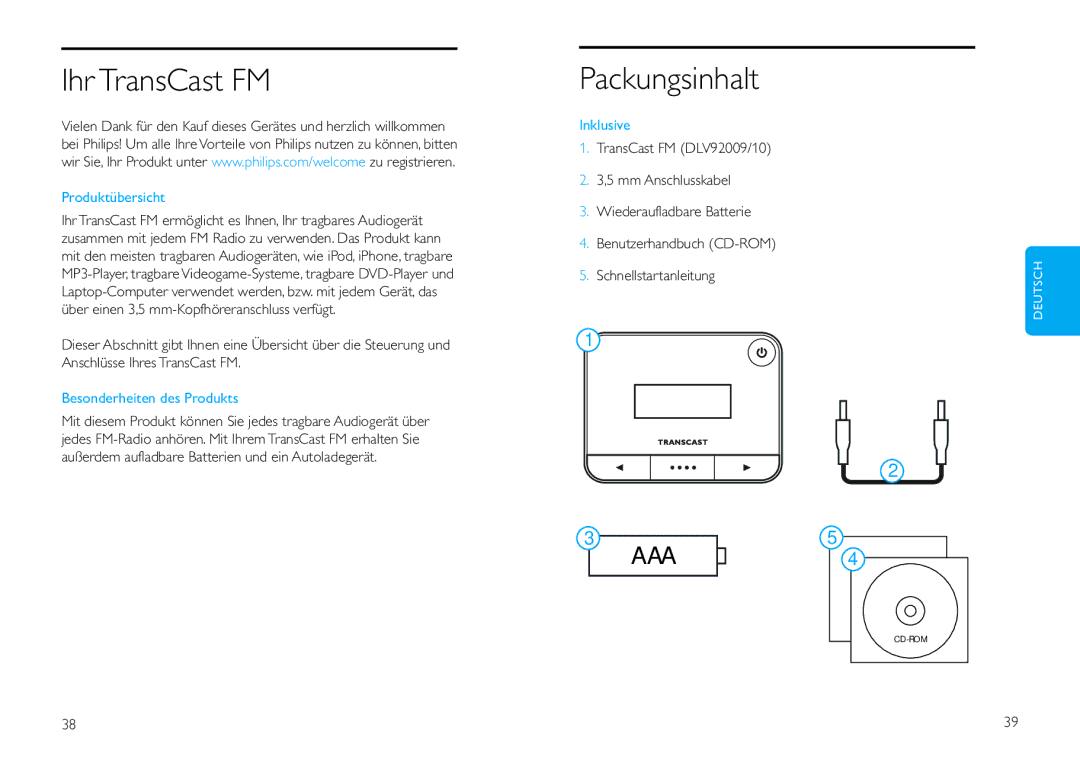 Philips DLV92009/10 user manual Ihr TransCast FM, Packungsinhalt, Besonderheiten des Produkts, Inklusive 