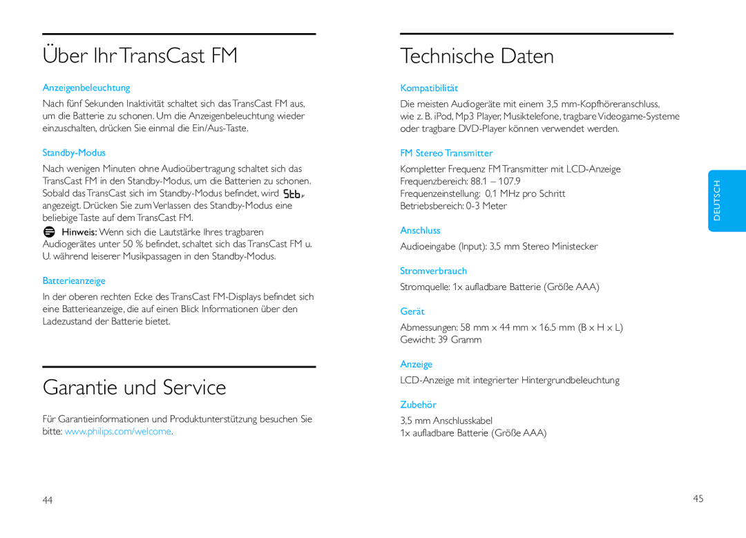 Philips DLV92009/10 user manual Über Ihr TransCastFM, Garantie und Service Technische Daten 