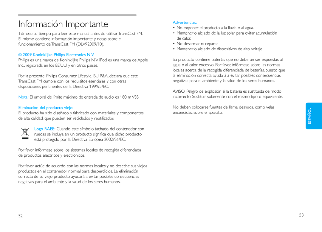 Philips DLV92009/10 user manual Información Importante, Advertencias 
