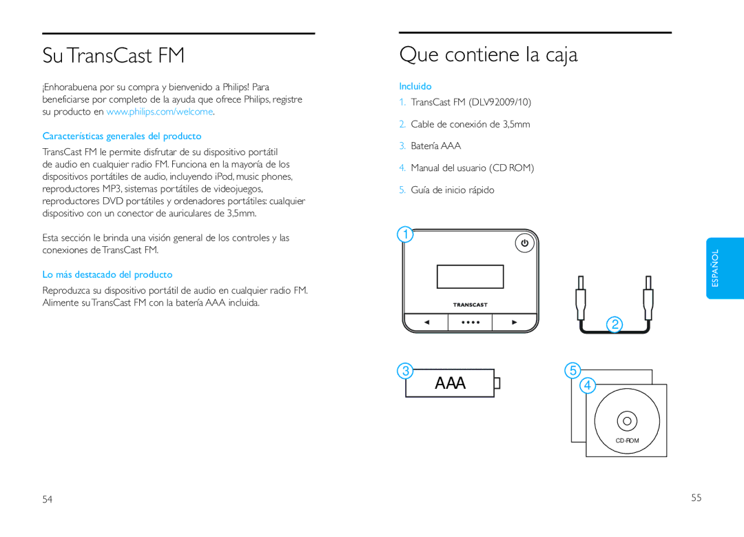 Philips DLV92009/10 user manual Su TransCast FM, Que contiene la caja, Características generales del producto, Incluido 