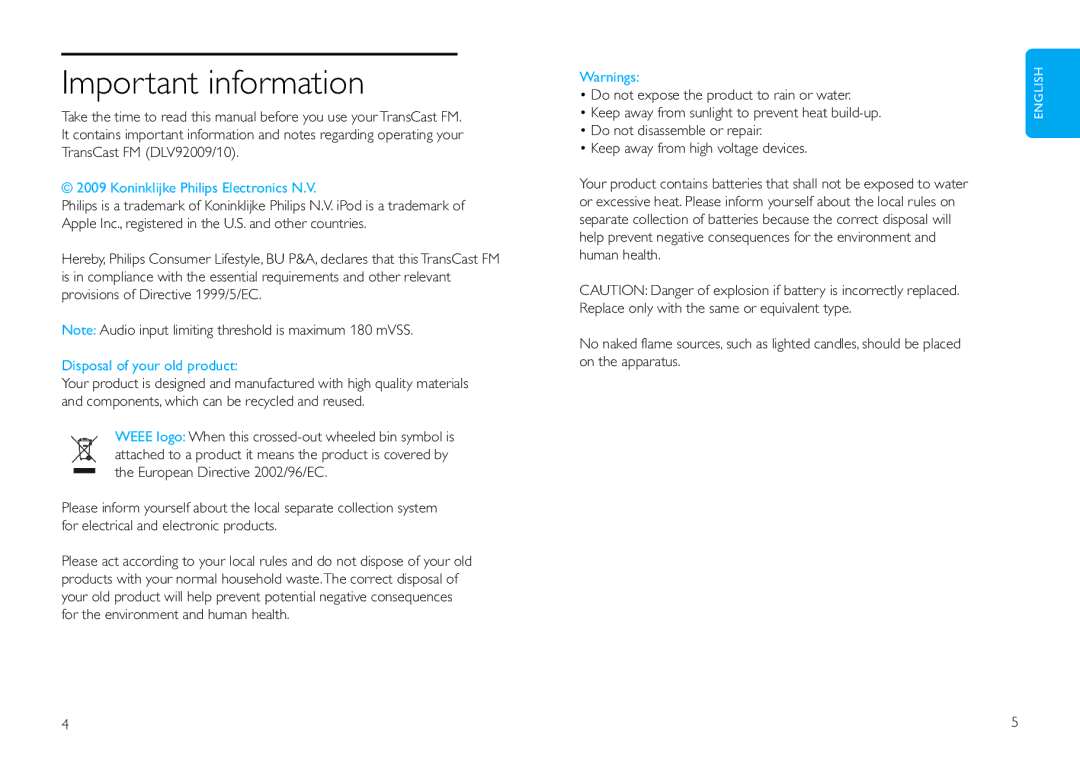 Philips DLV92009/10 user manual Important information, Koninklijke Philips Electronics N.V 