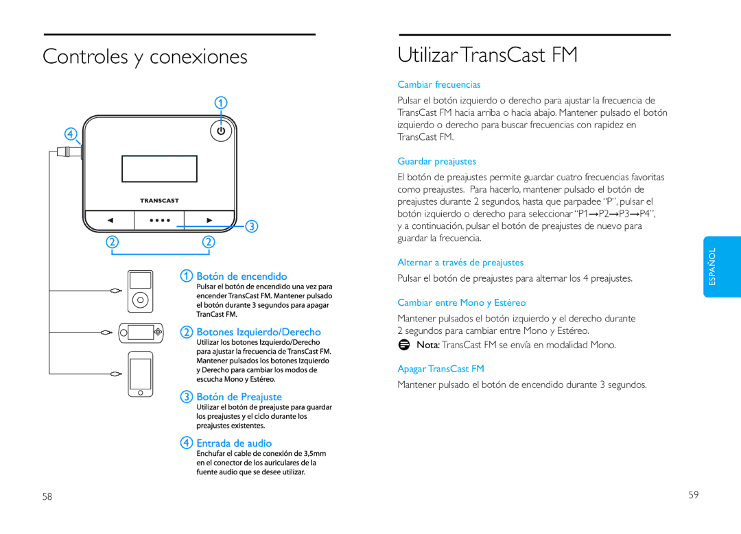 Philips DLV92009/10 user manual Utilizar TransCast FM, Controles y conexiones 