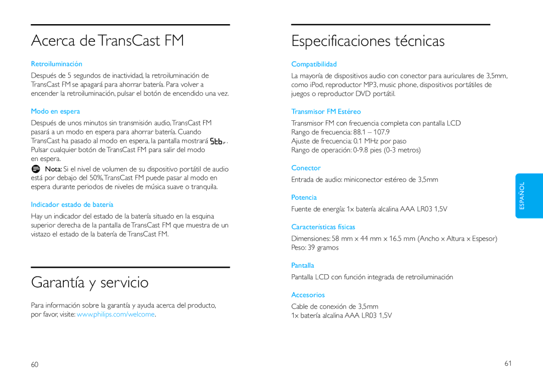 Philips DLV92009/10 user manual Acerca de TransCast FM, Garantía y servicio Especificaciones técnicas 