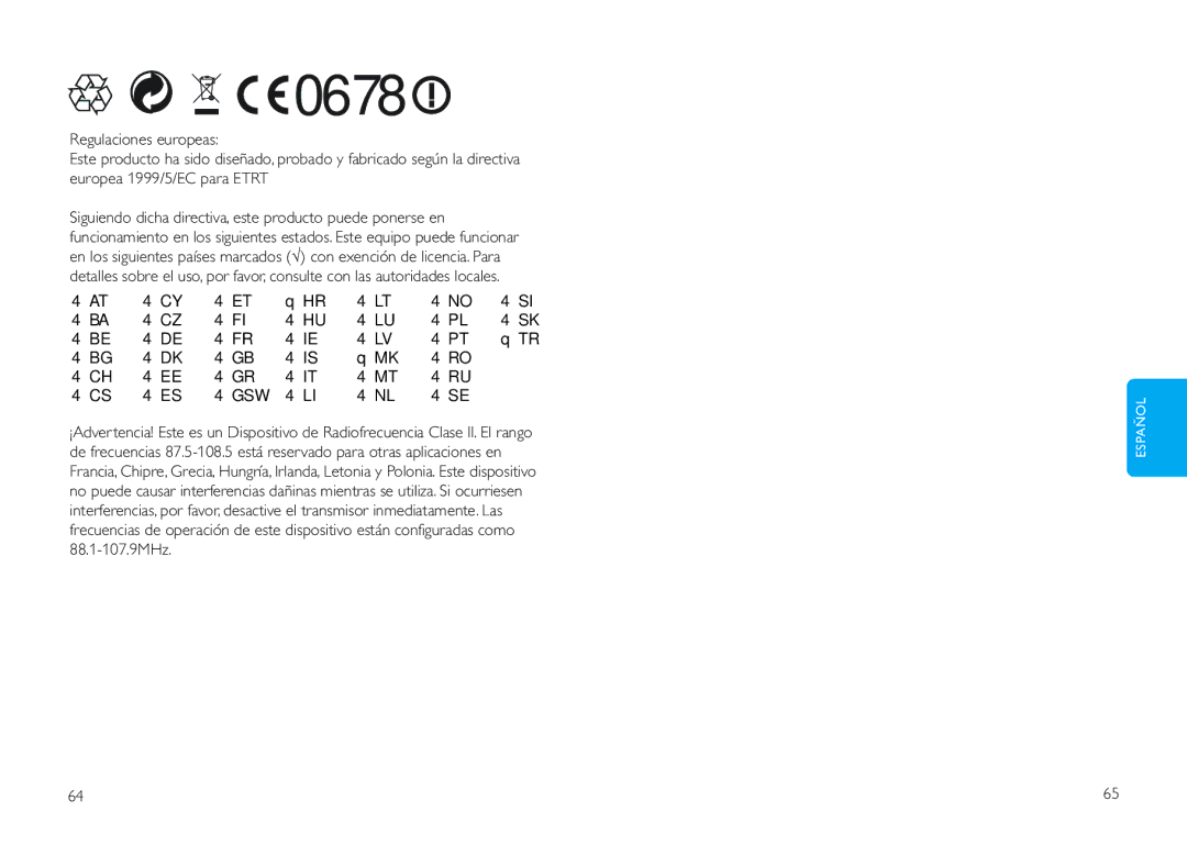 Philips DLV92009/10 user manual Regulaciones europeas, 88.1-107.9MHz 