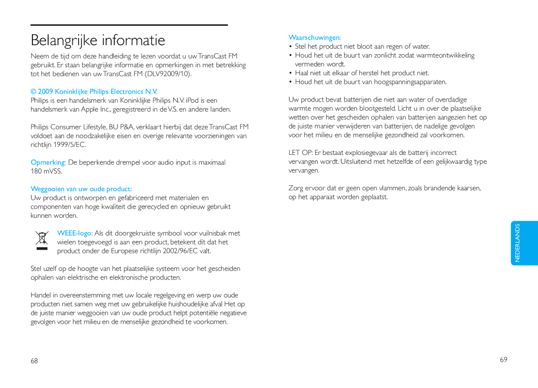 Philips DLV92009/10 user manual Belangrijke informatie, Weggooien van uw oude product, Waarschuwingen 