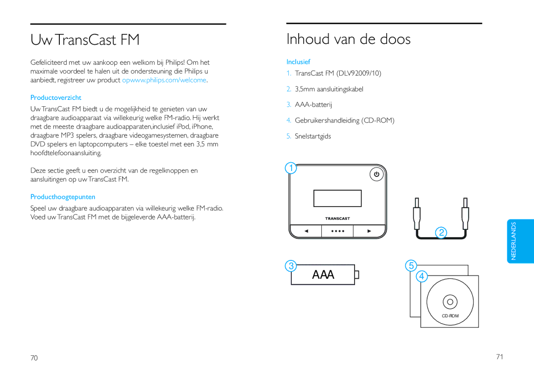 Philips DLV92009/10 user manual Uw TransCast FM, Inhoud van de doos, Producthoogtepunten, Inclusief 