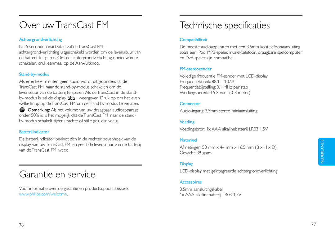 Philips DLV92009/10 user manual Over uw TransCast FM, Garantie en service Technische specificaties 