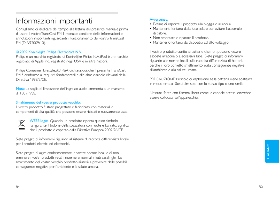 Philips DLV92009/10 user manual Informazioni importanti, Smaltimento del vostro prodotto vecchio, Avvertenze 