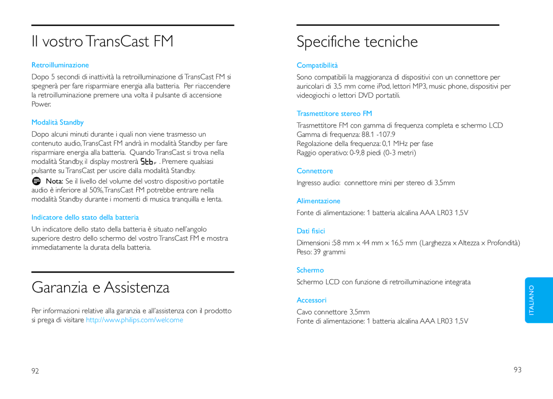 Philips DLV92009/10 user manual Garanzia e Assistenza Specifiche tecniche 