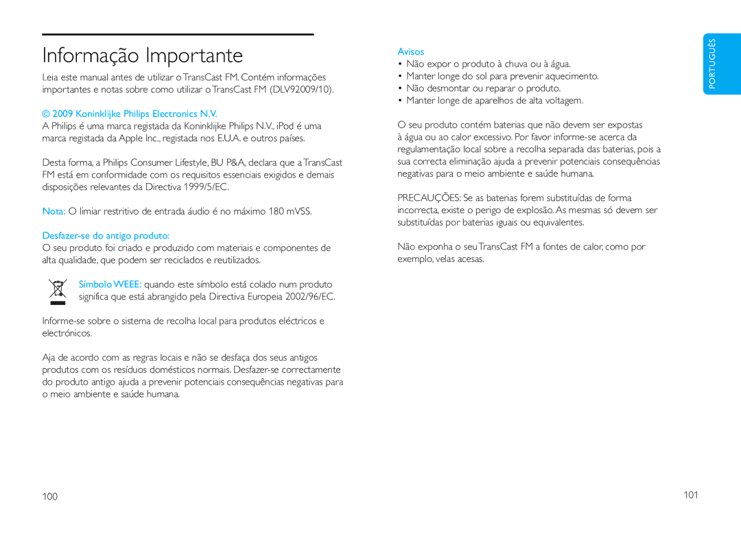 Philips DLV92009/10 user manual Informação Importante, Avisos, 100 101 