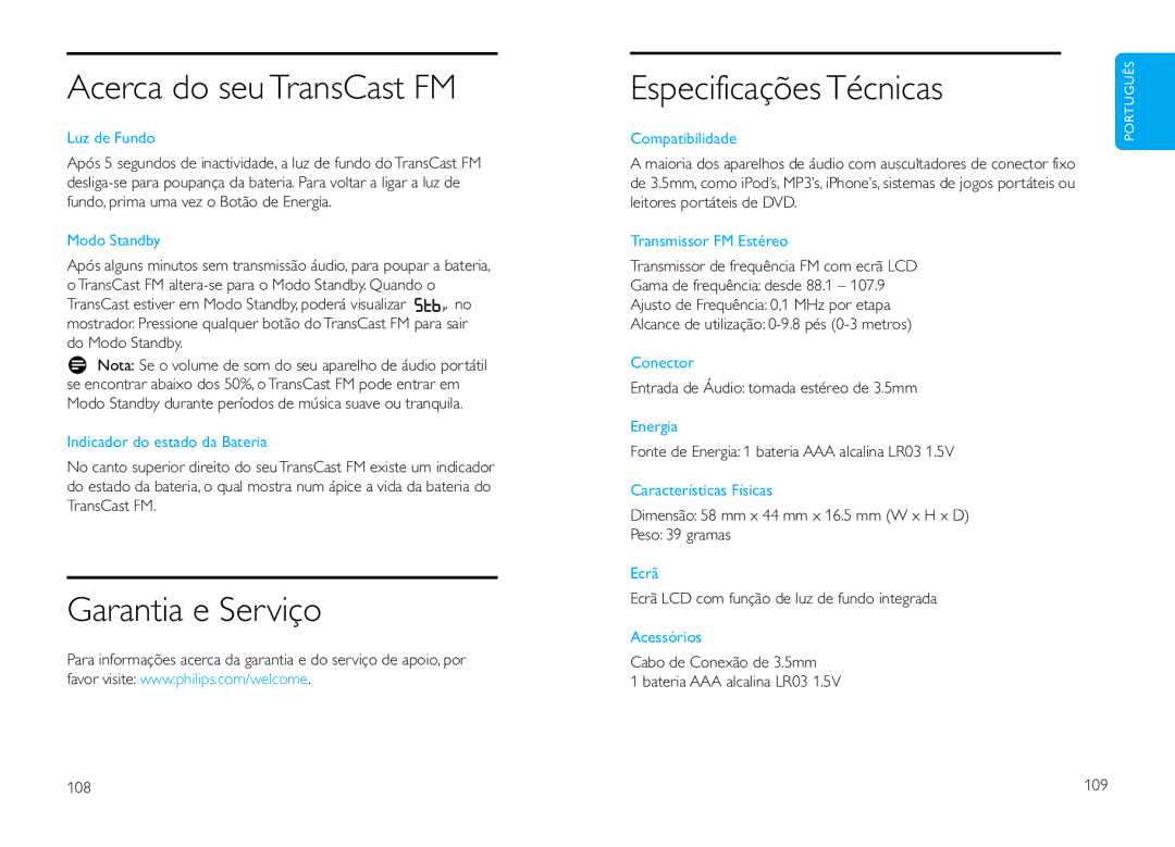 Philips DLV92009/10 user manual Acerca do seu TransCast FM, Garantia e Serviço, Especificações Técnicas 