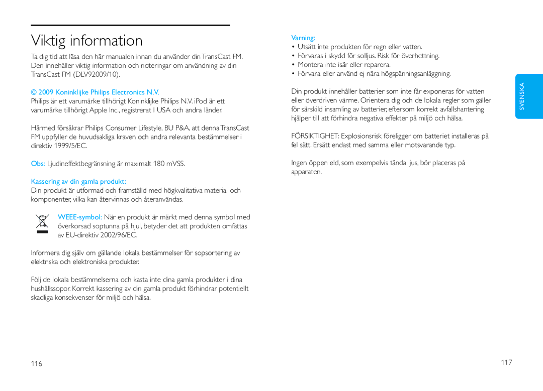 Philips DLV92009/10 user manual Viktig information, Varning, 116 117 