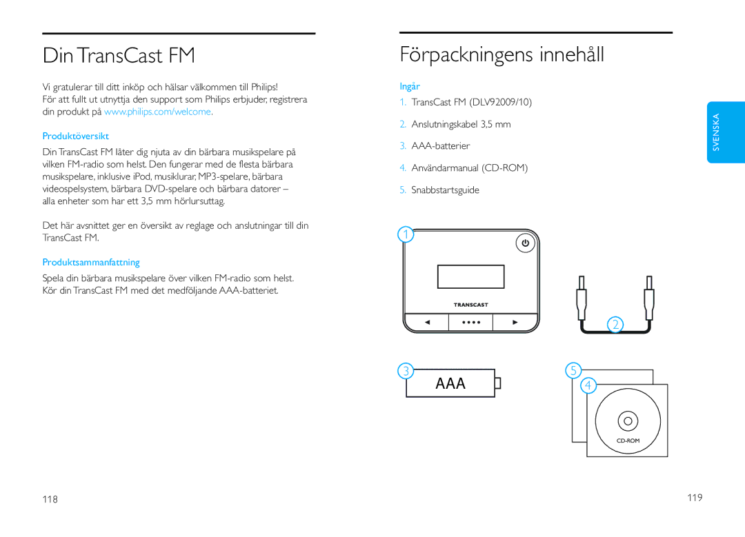 Philips DLV92009/10 user manual Din TransCast FM, Förpackningens innehåll, Produktöversikt, Produktsammanfattning, Ingår 